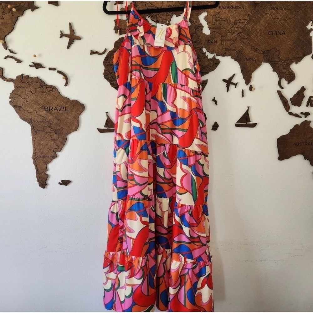 NWT Lida Kate Abstract Psychedelic Tiered Maxi Dress in Pink Multi Color Large - Picture 2 of 9